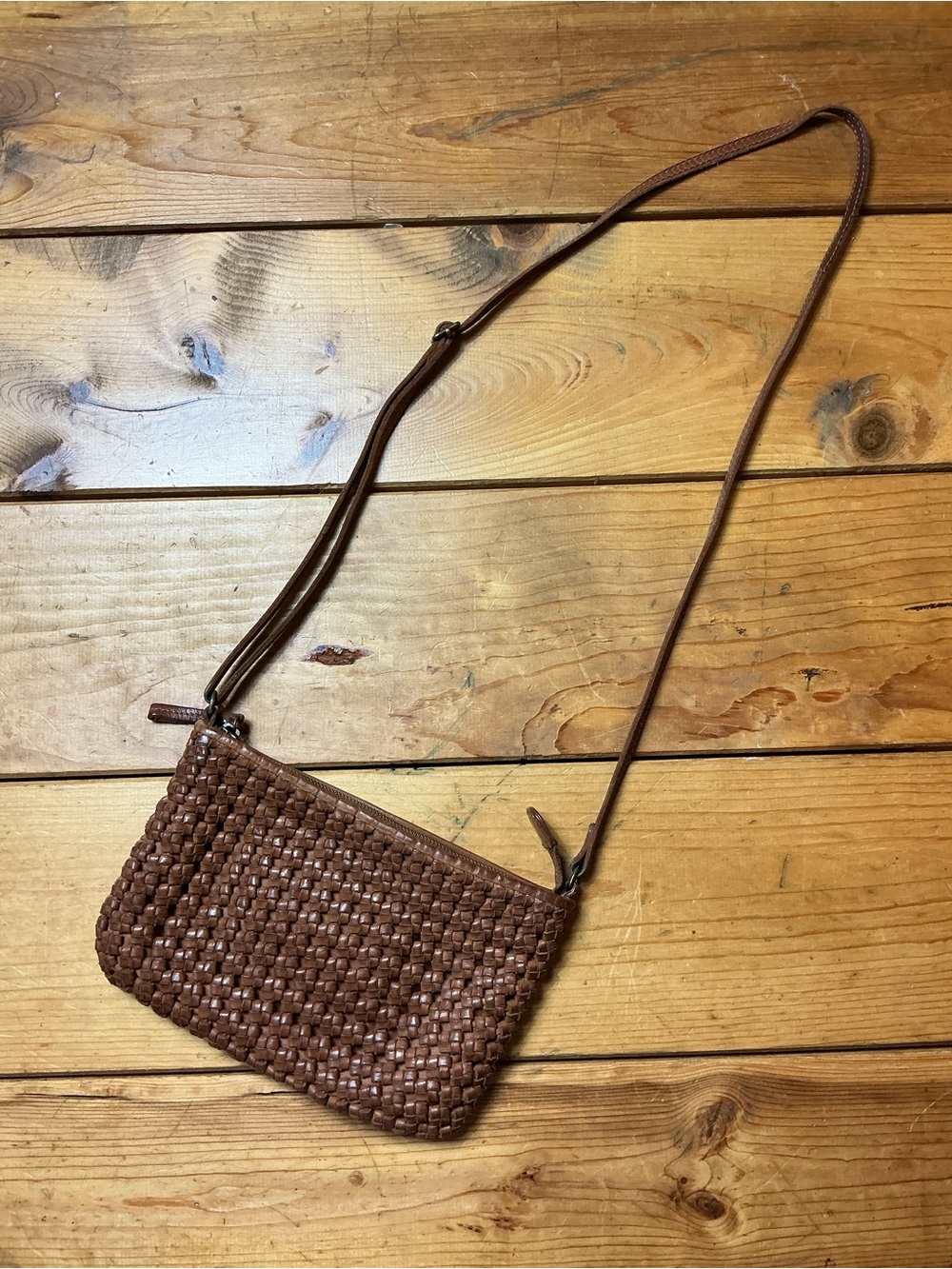 Vintage Woven Hand Knotted Leather Camel Crossbody Bag